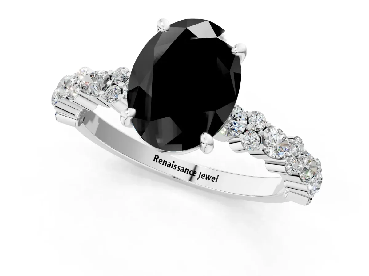 Fancy Black Oval Cut Diamond Side Stone Solitaire Ring with Round and Four-Prong Setting Platinum