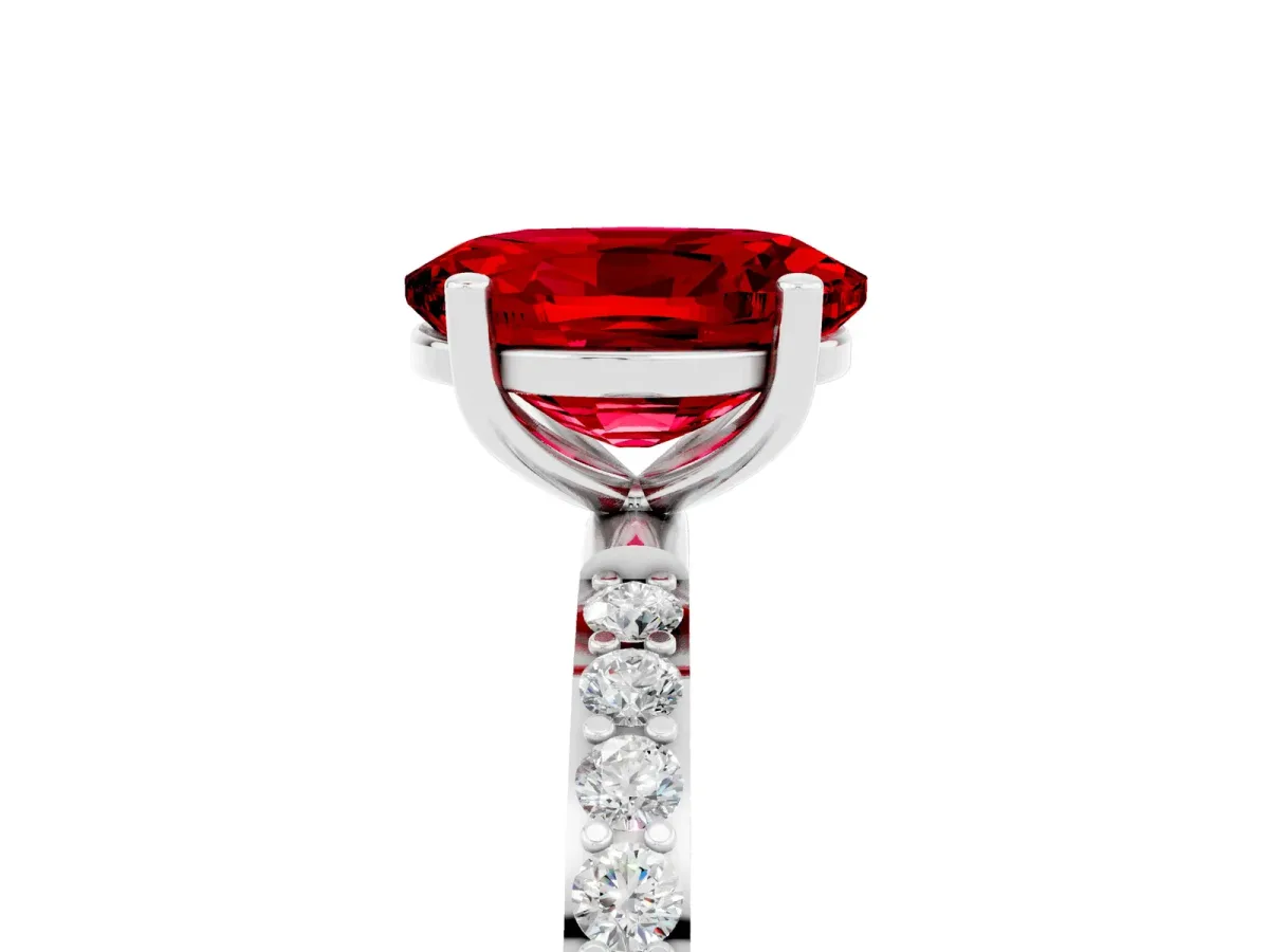 Oval Cut Ruby Solitaire Ring with Round Pavé Band and Prong Setting Silver