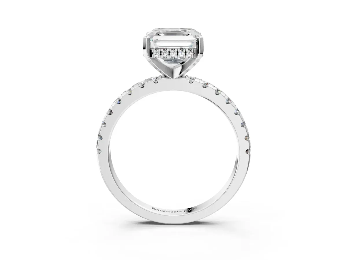 Asscher Cut Diamond Solitaire Ring with Round Pavé Band and Four-Prong Setting Silver