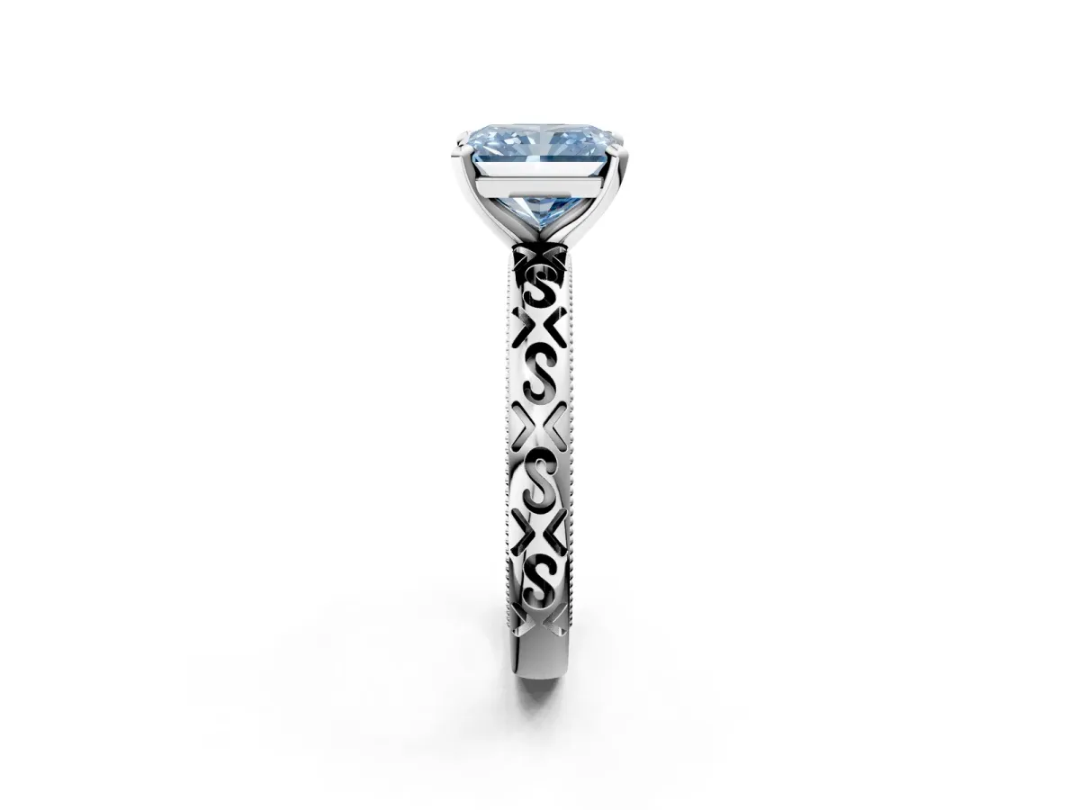 Fancy Blue Radiant Cut Solitaire Engagement Ring with Scrollwork Band and Four-Prong Setting Platinum