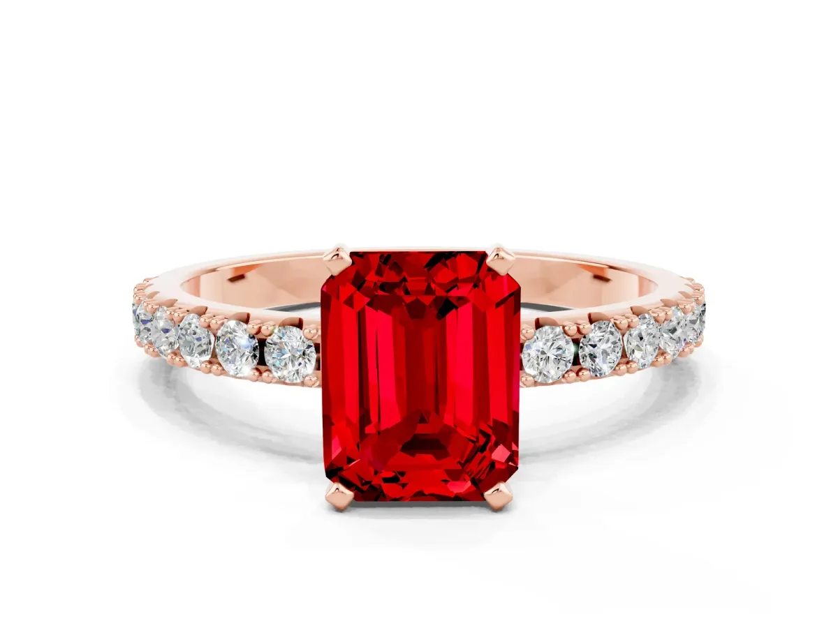 Emerald Cut Ruby Solitaire Pavé Band with Four-Prong Setting Rose gold