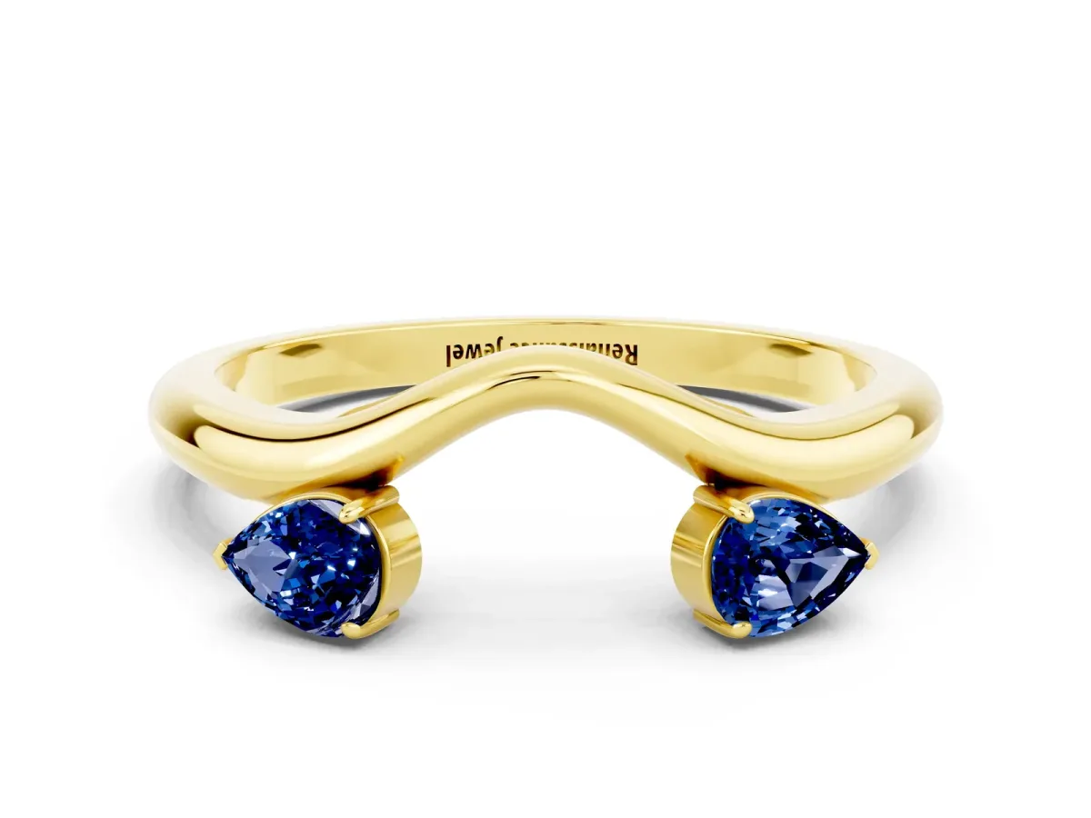 Pear Cut Blue Sapphire Two-Stone Open Band Ring with Prong Setting Yellow gold