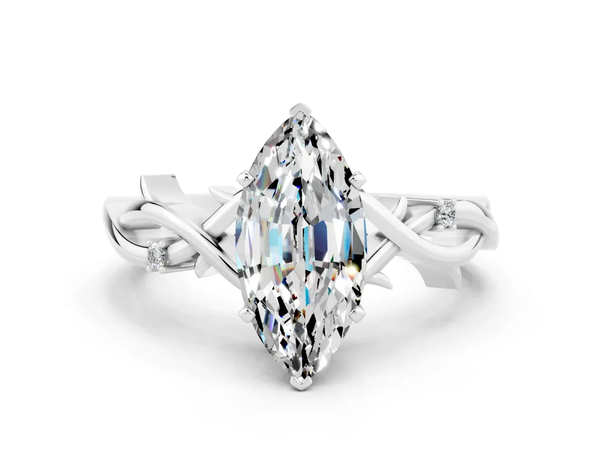 Marquise Cut Moissanite Solitaire Ring with Twisted Band and Prong Setting Silver