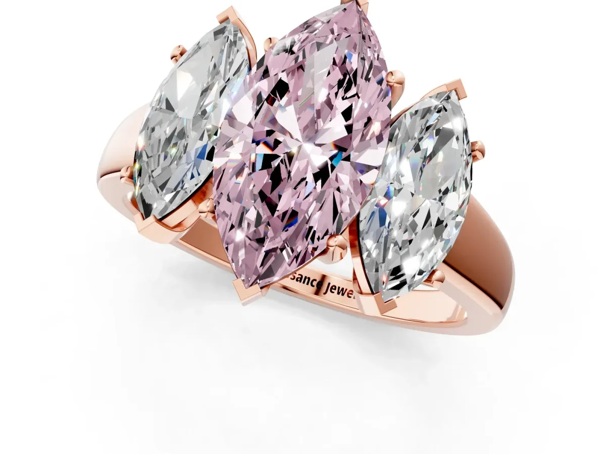 Fancy Pink Three-Stone Marquise Cut Cut Solitaire Ring with Classic Prong Setting Rose gold