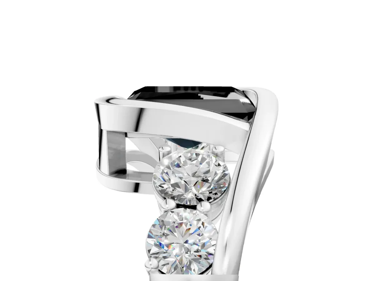 Fancy Black Bezel Set Radiant Cut Diamond Bypass Ring with Round Accents Platinum