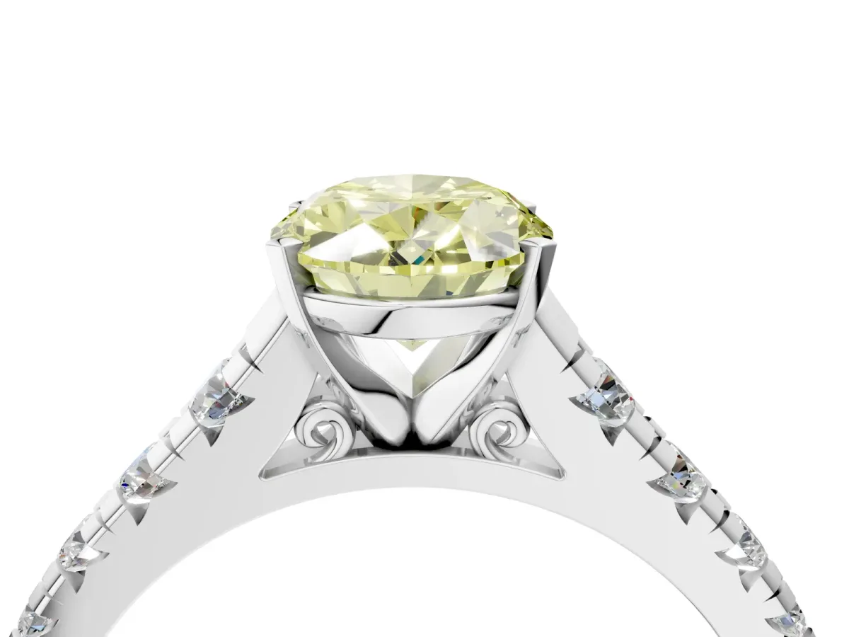 Fancy Yellow Oval Cut Diamond Cathedral Solitaire Ring with Round Pavé Band Platinum