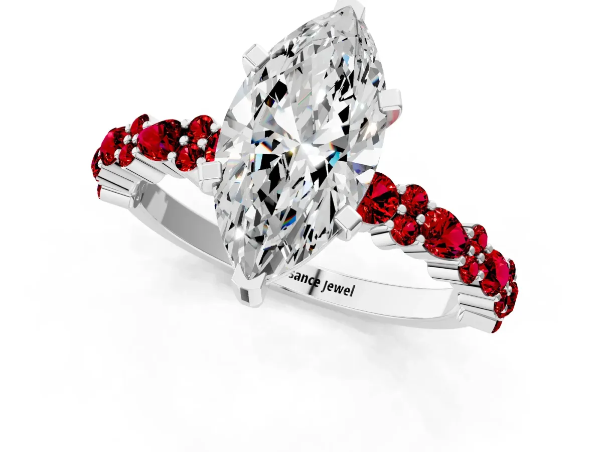 Marquise Cut Diamond Side Stone Solitaire Ring with Round Ruby and Four-Prong Setting Silver