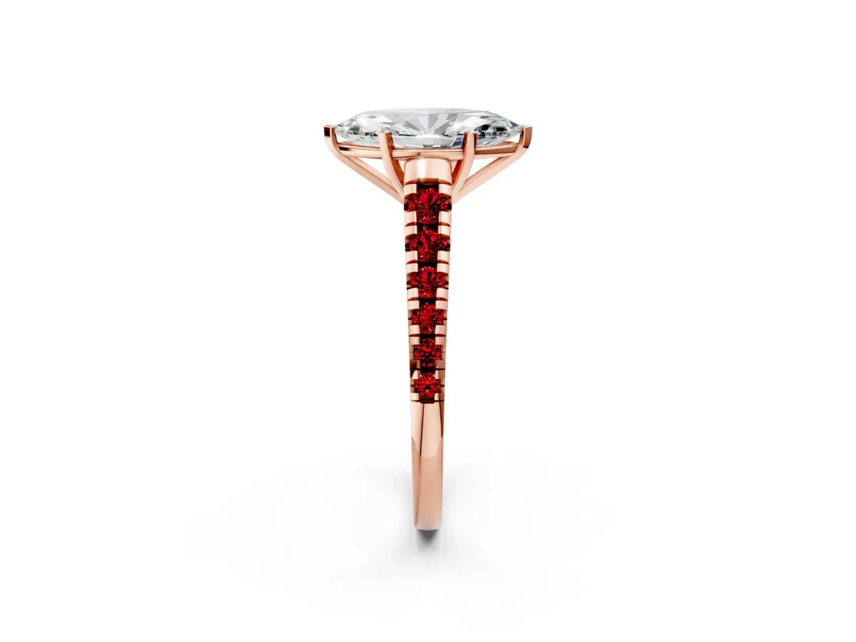 Marquise Cut Diamond Cathedral Solitaire Ring with Round Ruby Pavé Band Rose gold
