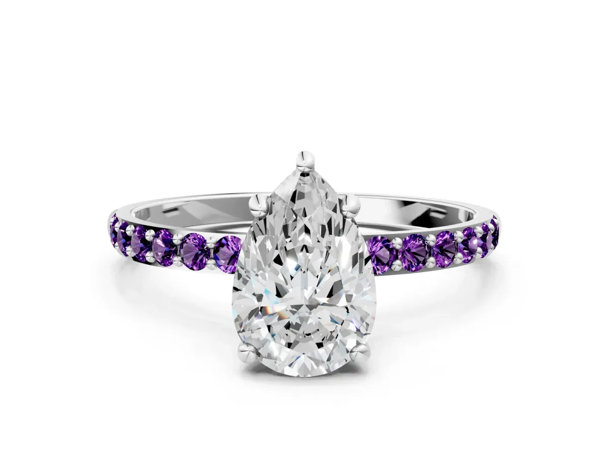 Pear Cut Diamond Solitaire Ring with Round Amethyst Pavé Band and Prong Setting Silver