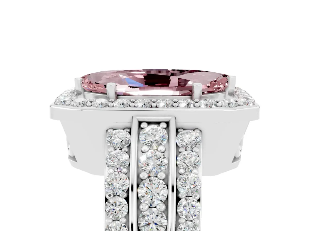 Marquise Cut Halo Morganite Ring with Round Split Shank and Prong Setting Silver