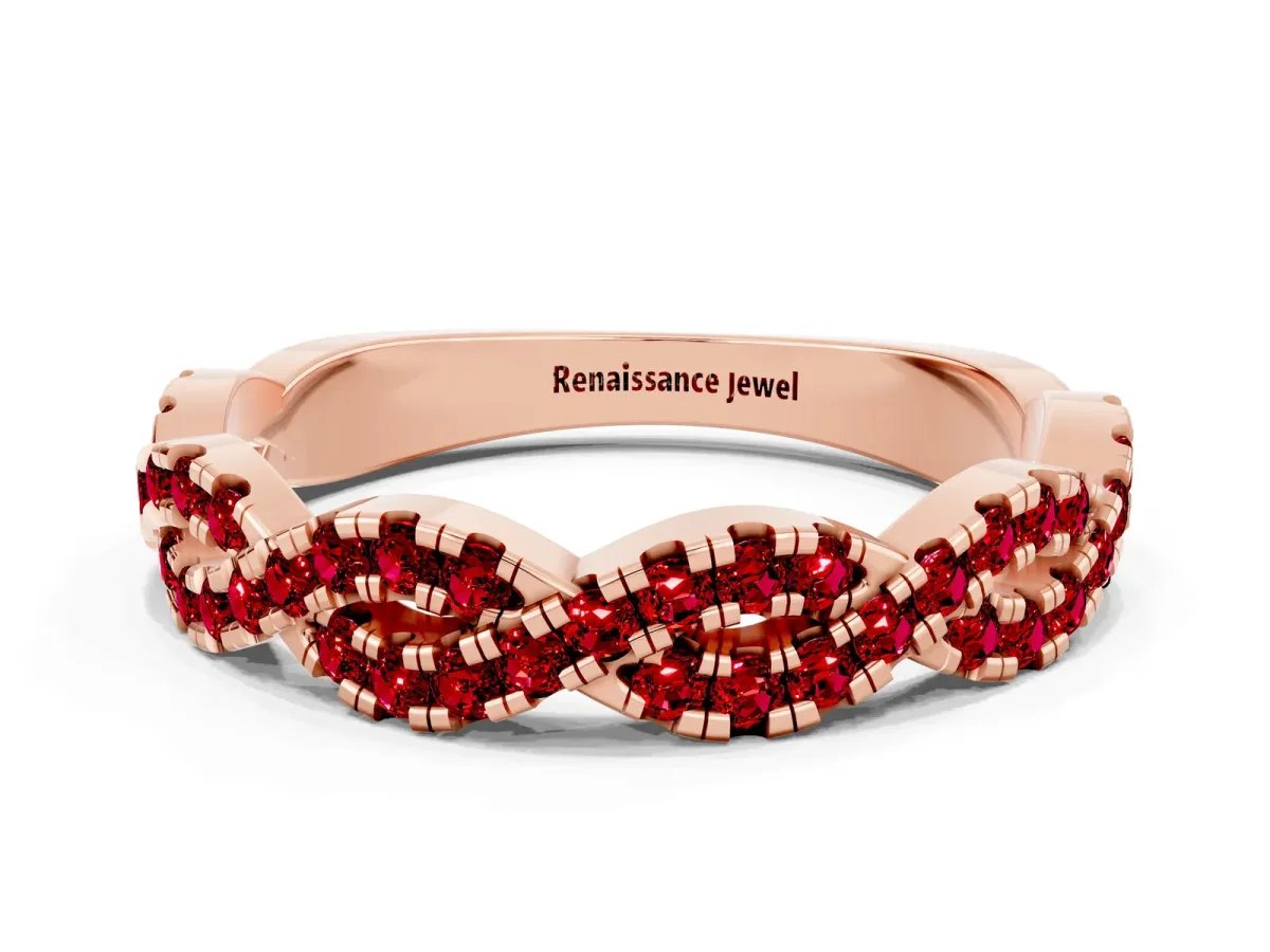 Round Ruby Twisted Eternity Band with Pavé and Shared Prong Setting Rose gold