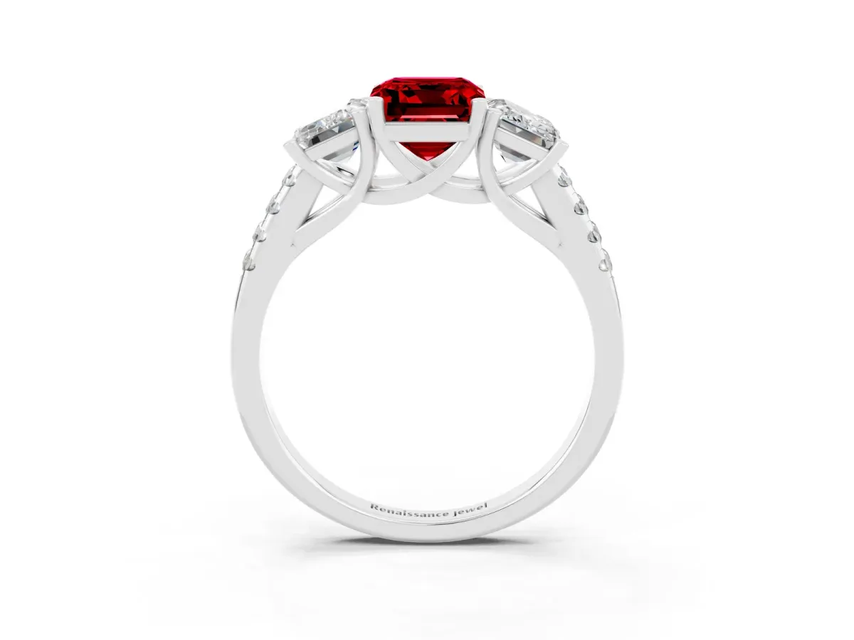 Three-Stone Emerald Cut Ruby Ring with Round Pavé Band and Prong Setting White gold