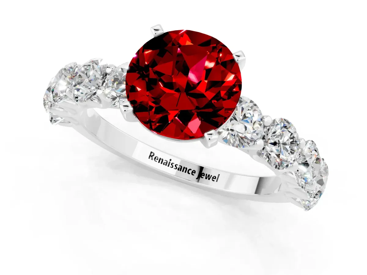 Round Cut Ruby Prong Setting with Side Stones on a Pave Band Platinum