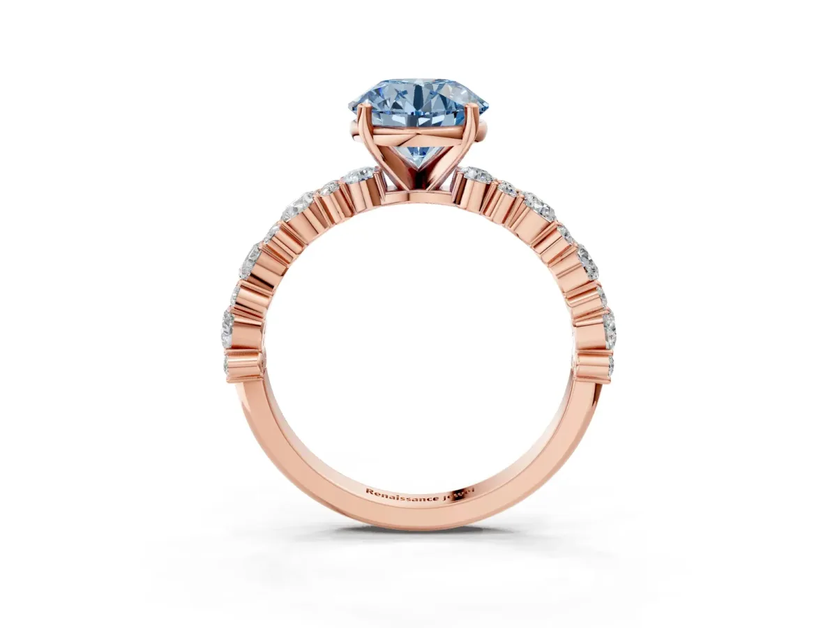 Fancy Blue Round Cut Diamond Side Stone Solitaire Ring with Round and Four-Prong Setting Rose gold