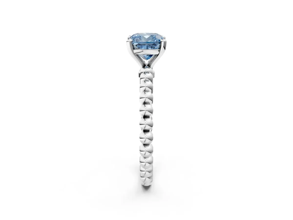 Fancy Blue Cushion Cut Diamond Solitaire Ring with Beaded Band and Prong Setting Silver