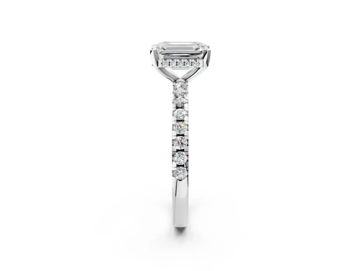 Emerald Cut Diamond Solitaire Ring with Round Pavé Band and Four-Prong Setting Platinum