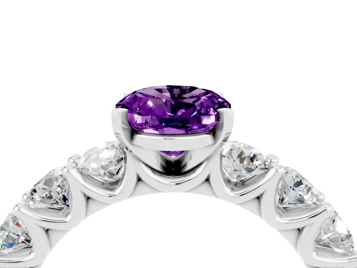 Oval Cut Amethyst Prong Setting with Side Stones on a Pave Band Silver