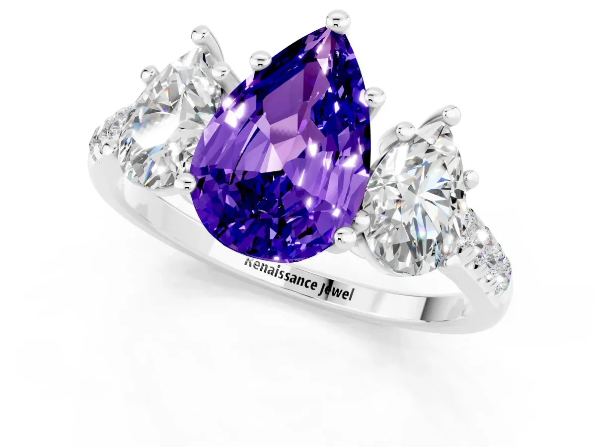 Three-Stone Pear Cut Tanzanite Ring with Round Pavé Band and Prong Setting Platinum