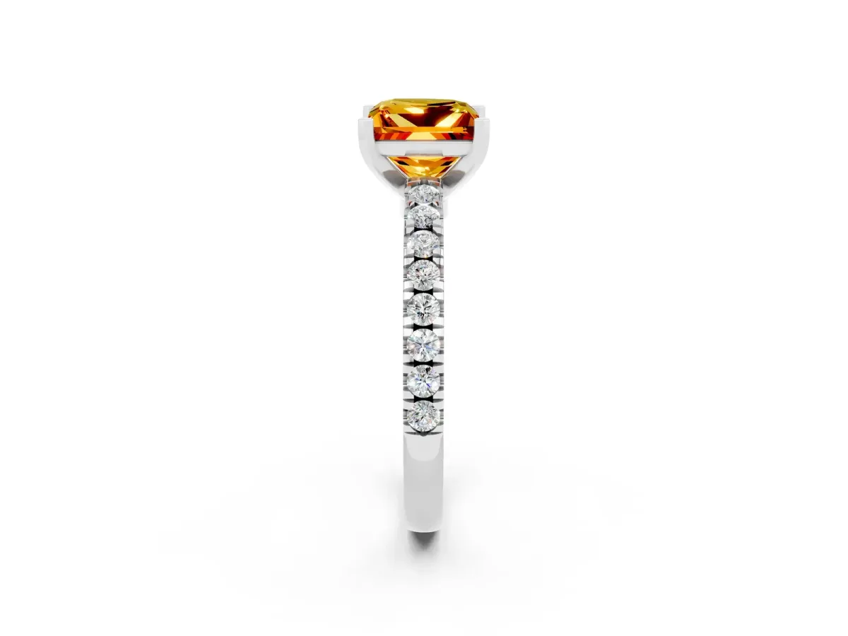 Princess Cut Solitaire Citrine with Pavé Band and Four-Prong Setting Silver