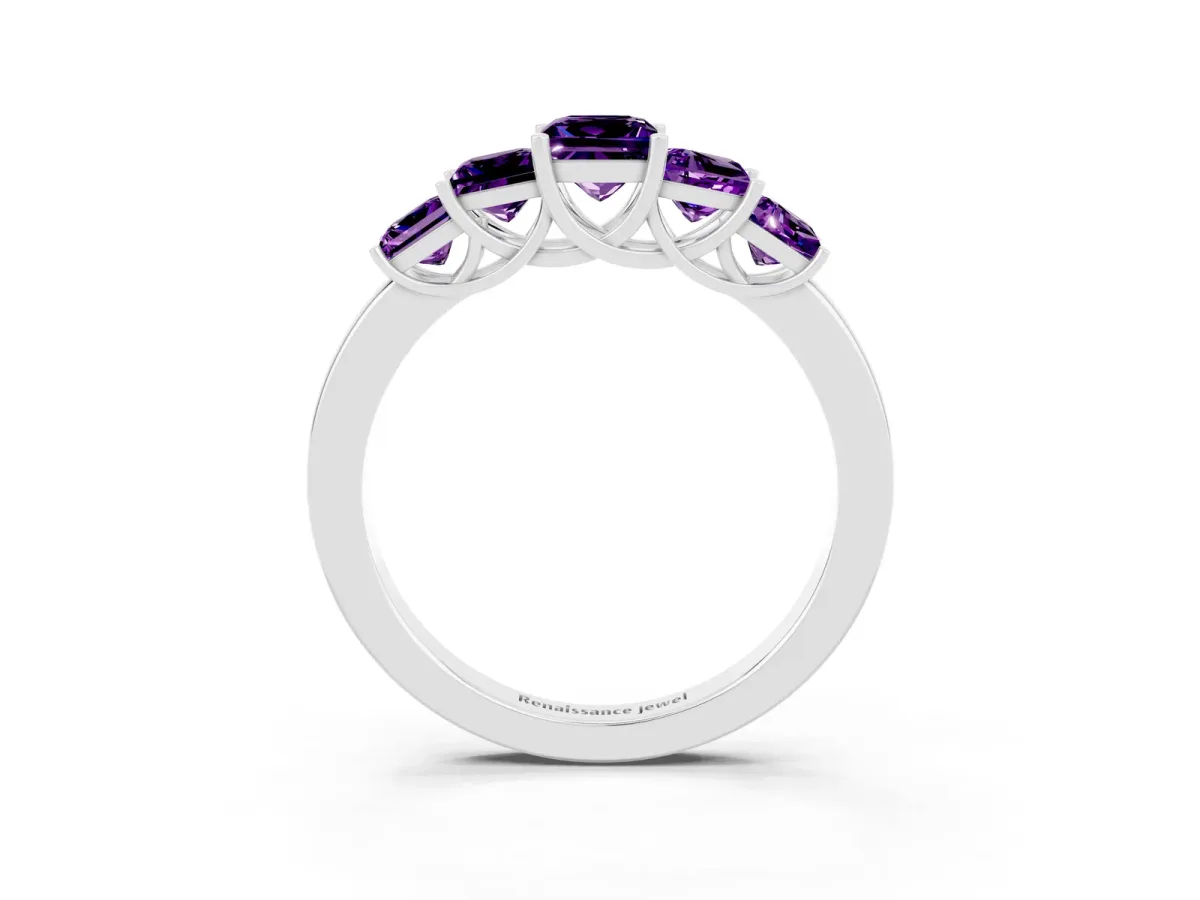 Princess Cut Five-Stone Amethyst Ring with Classic Prong Setting White gold