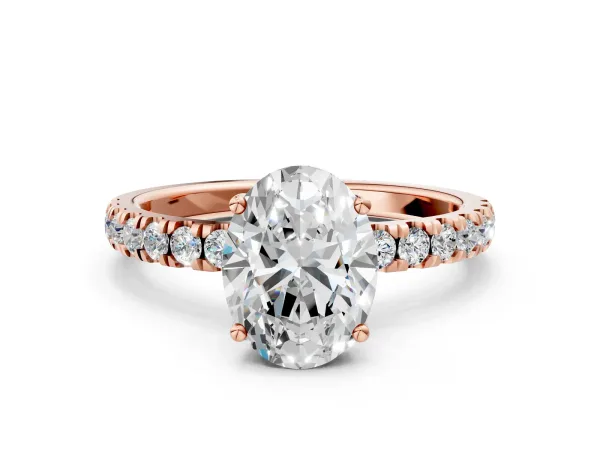 Oval Cut Diamond Pave Band Solitaire Ring with Round and Prong Setting Rose gold