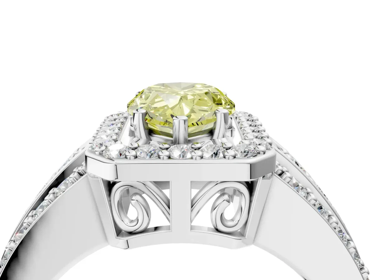 Fancy Yellow Pear Cut Halo Diamond Ring with Round Split Shank and Prong Setting Silver