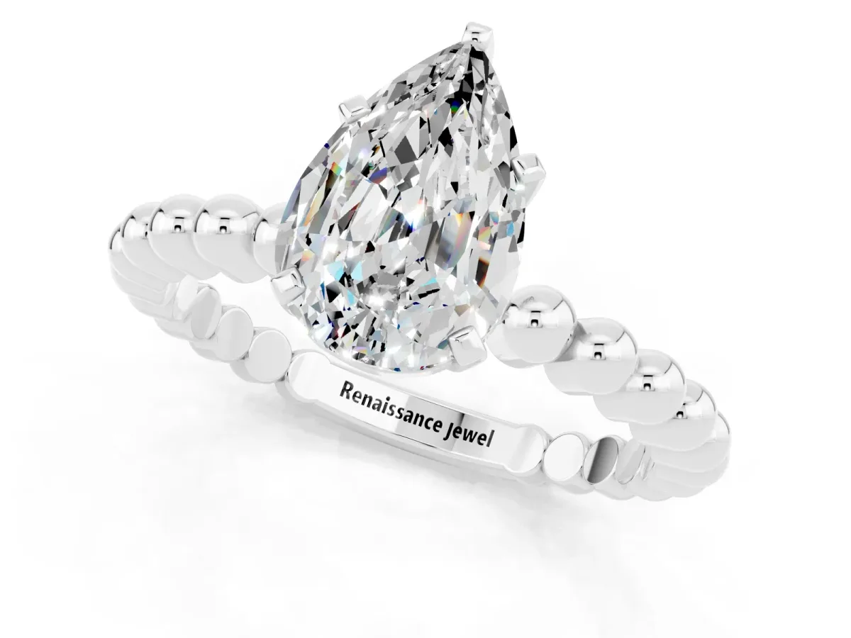 Pear Cut Moissanite Solitaire Ring with Beaded Band and Prong Setting Platinum