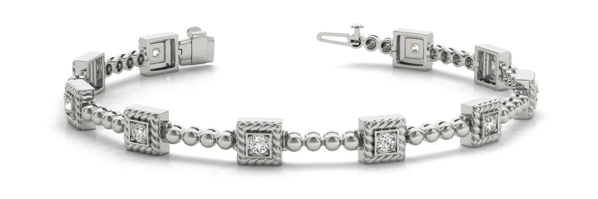 Square Bezel-Set Round Diamond Rope Link Bracelet White gold
