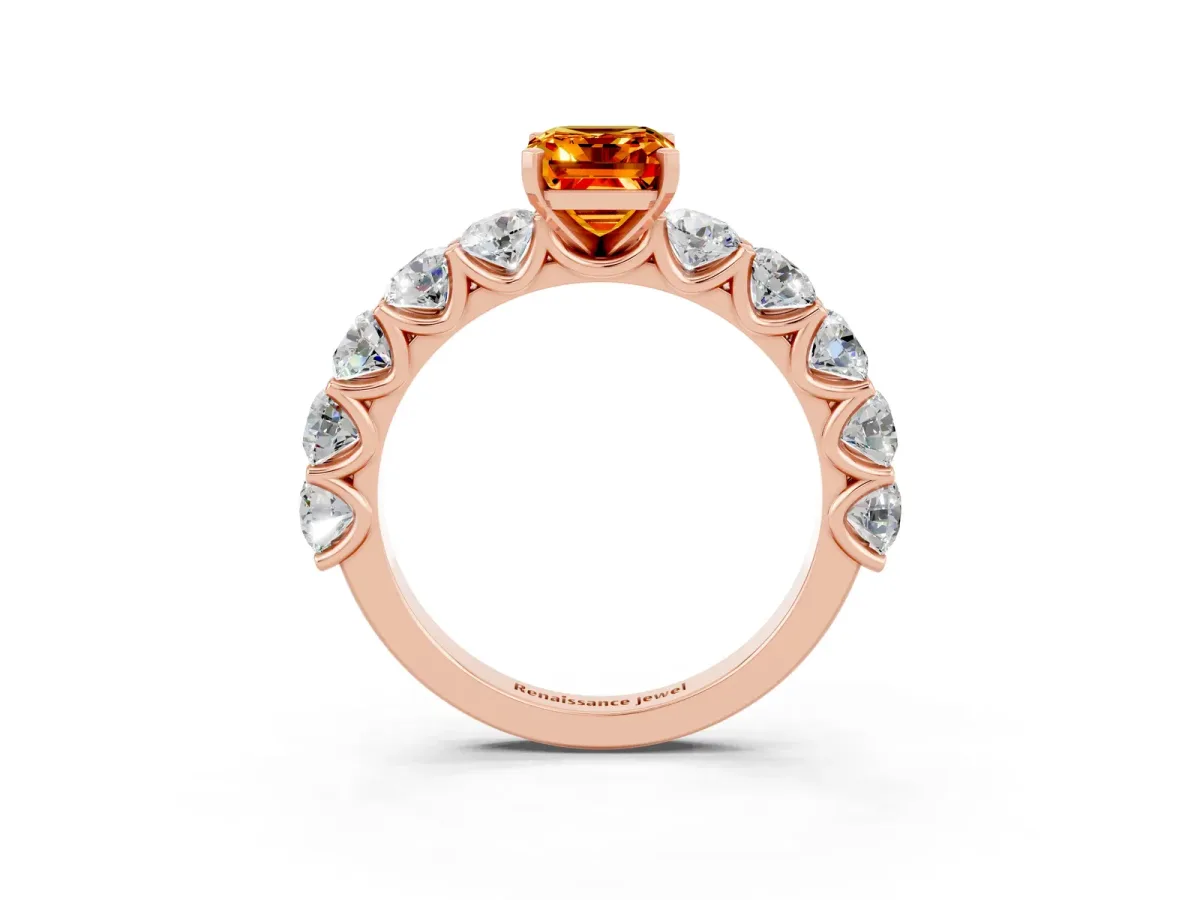 Emerald Cut Citrine Prong Setting with Side Stones on a Pave Band Rose gold