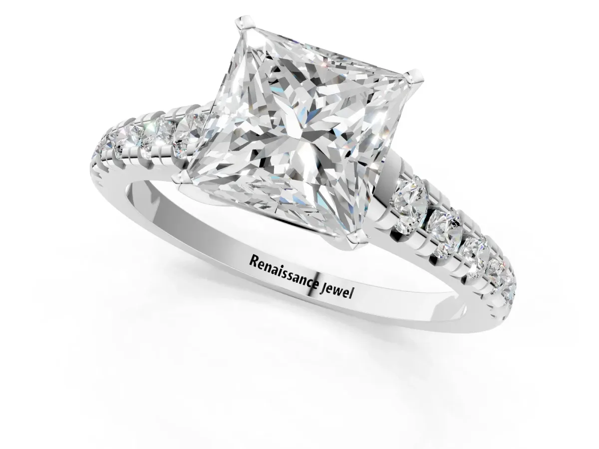 Princess Cut Diamond Cathedral Solitaire Ring with Round Pavé Band Platinum