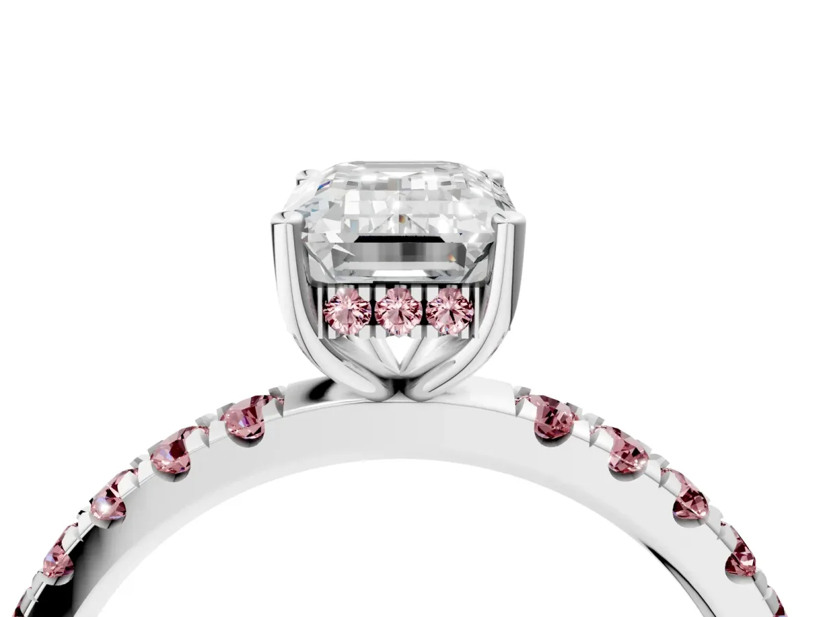 Emerald Cut Diamond Pave Band Solitaire Ring with Round Morganite and Prong Setting Platinum