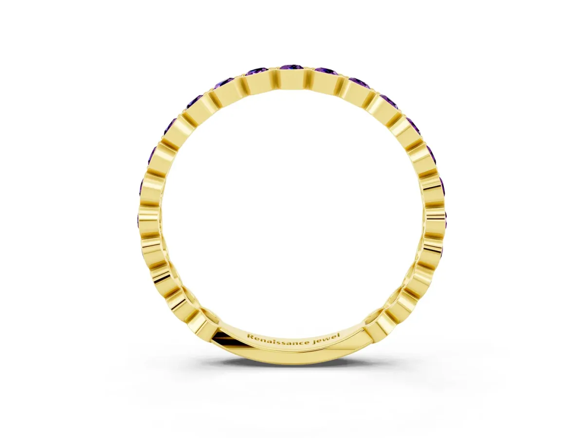 Round Amethyst Bezel Set Eternity Band Yellow gold