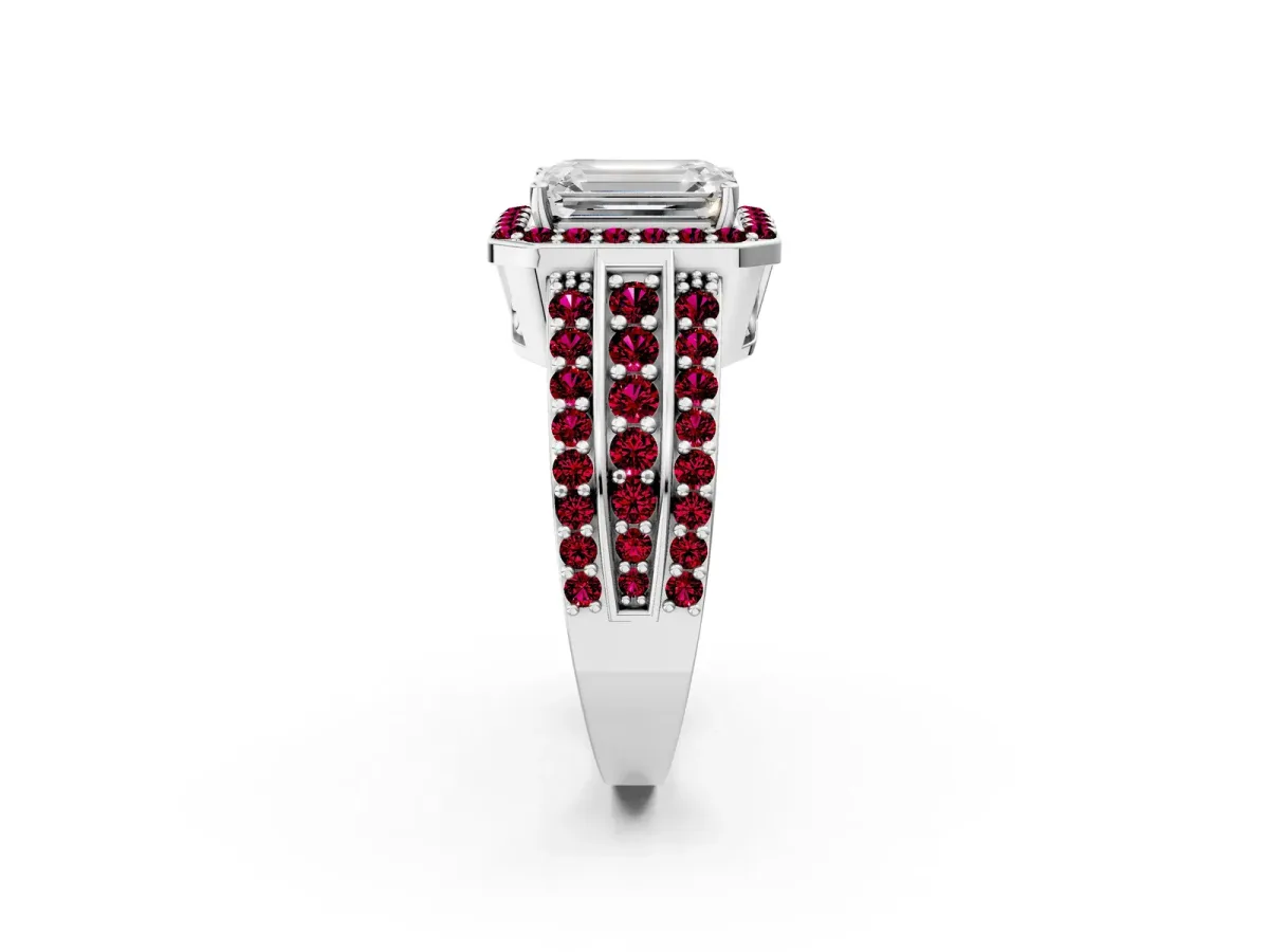 Emerald Cut Halo Diamond Ring with Round Garnet Split Shank and Prong Setting Silver