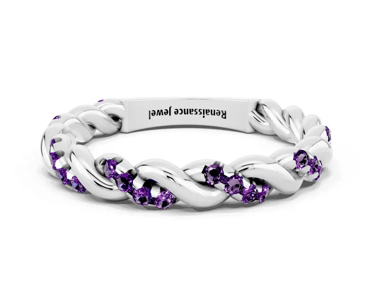Twisted Pavé Round Amethyst Eternity Band Silver