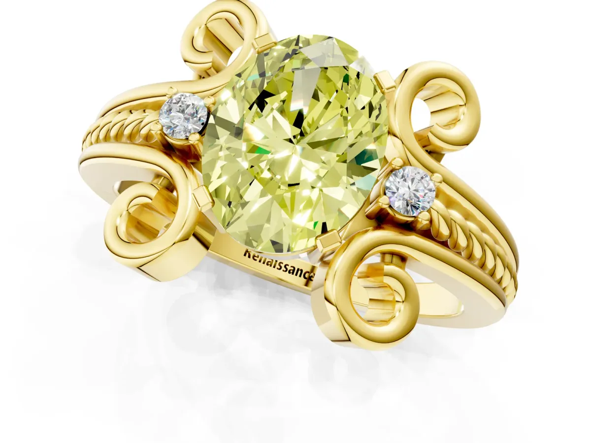 Fancy Yellow Oval Cut Solitaire Twisted Band Scroll Prong Ring Yellow gold