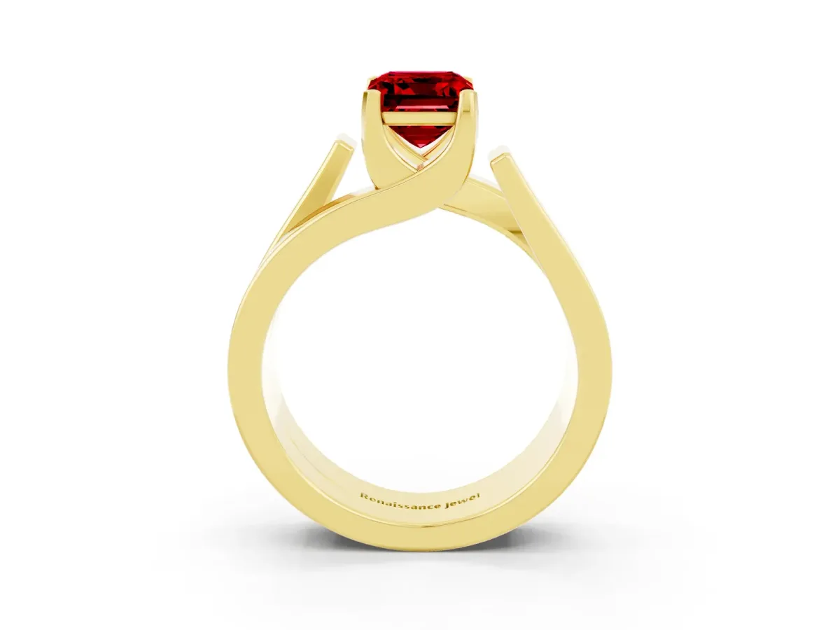Modern Tension Set Emerald Cut Ruby Solitaire Wide Band Ring Yellow gold