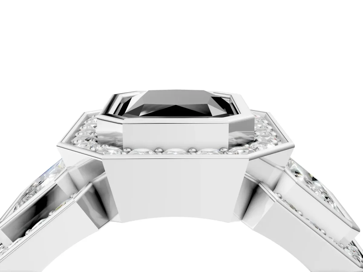 Fancy Black Three-Stone Radiant Cut Halo Pavé Diamond Ring Platinum