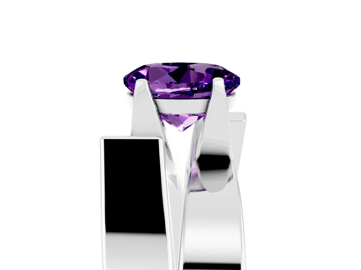 Modern Tension Set Round Cut Amethyst Solitaire Wide Band Ring Silver