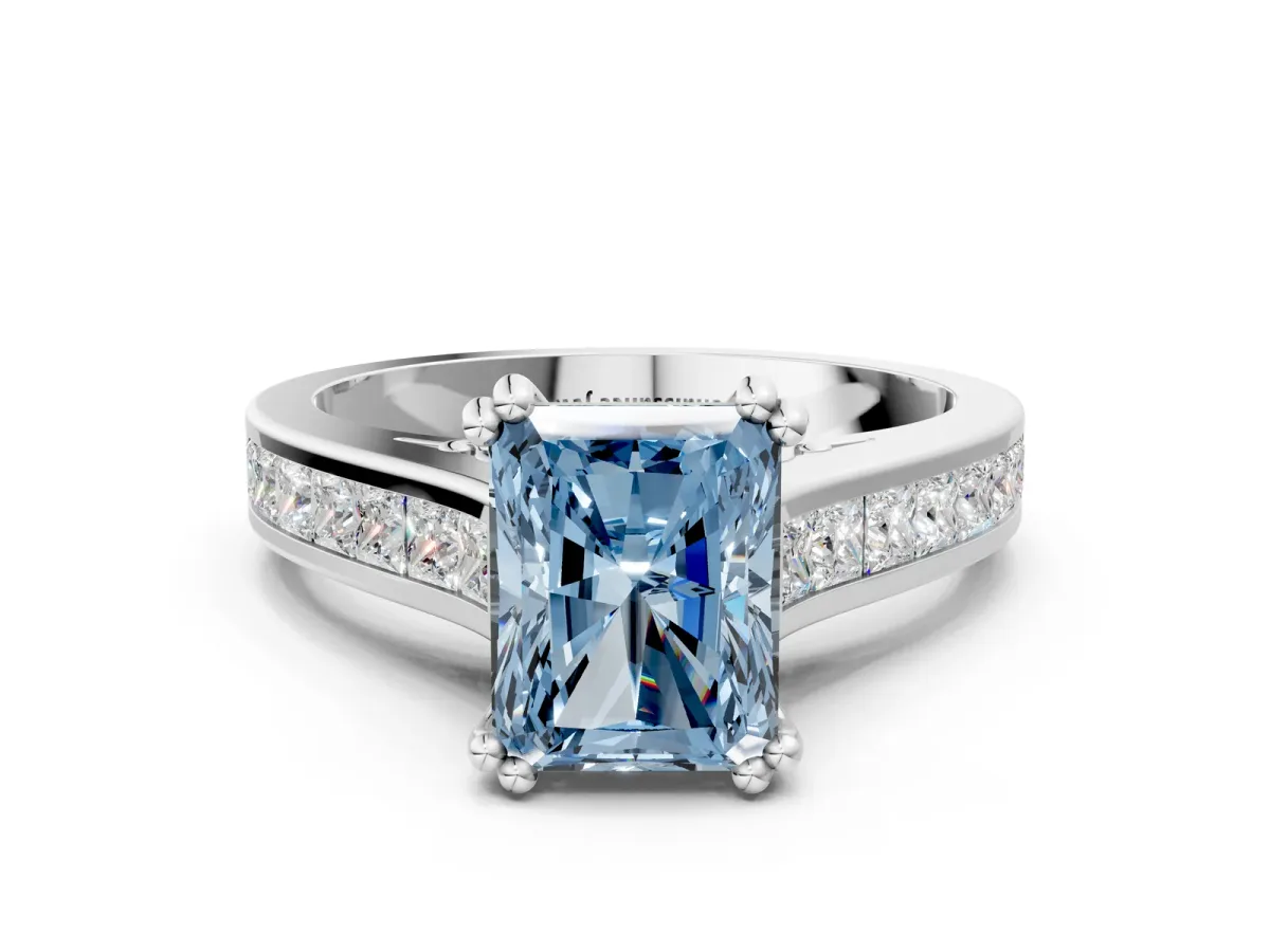 Fancy Blue Radiant Cut Cut Channel Set Solitaire Engagement Ring with Prong Setting Platinum