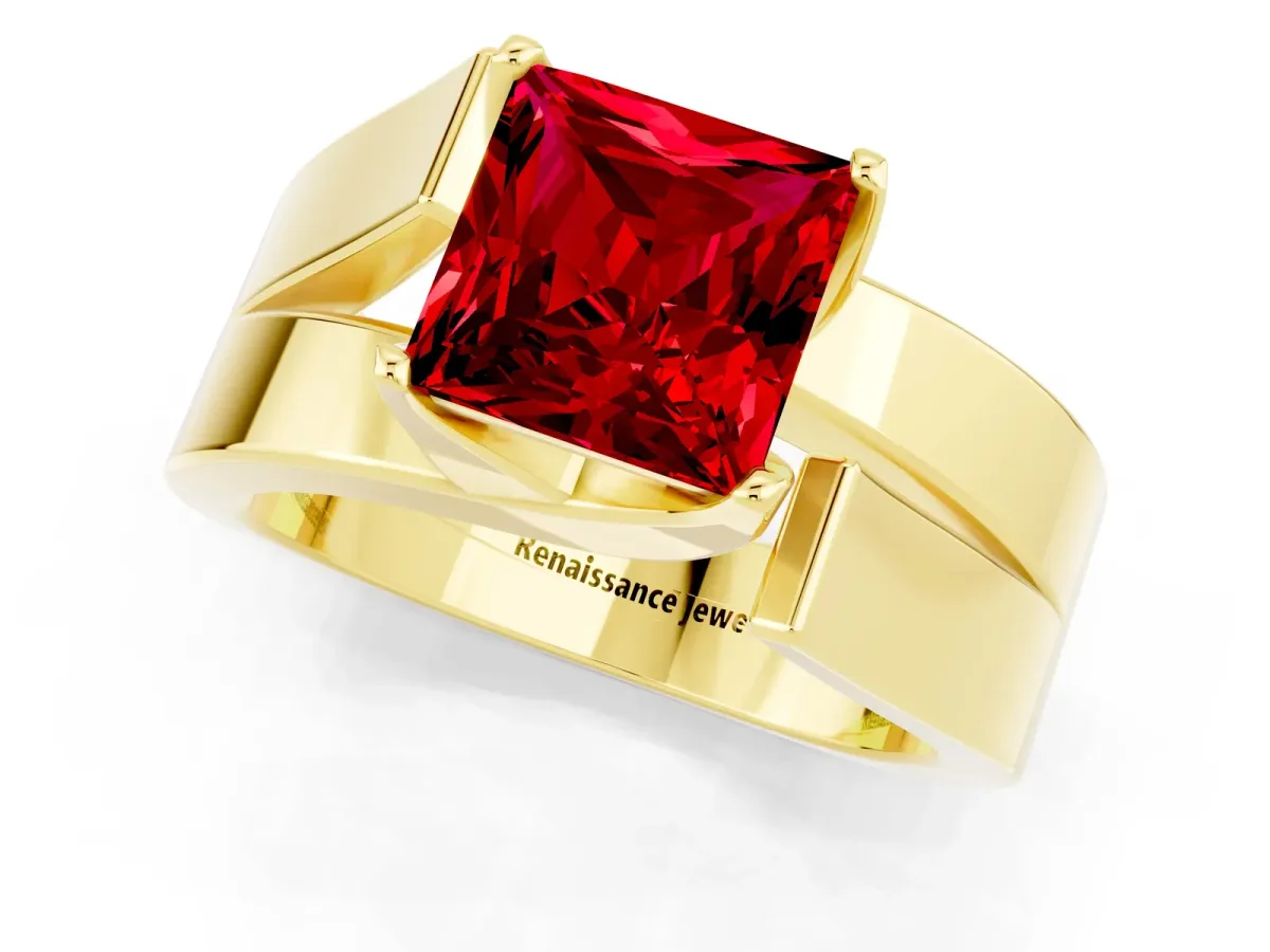 Modern Tension Set Princess Cut Ruby Solitaire Wide Band Ring Yellow gold