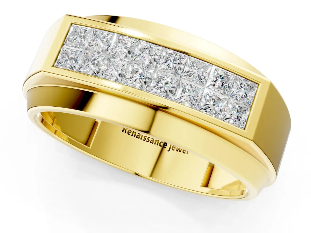 Princess Diamond Pavé Panel Mens Band Yellow gold