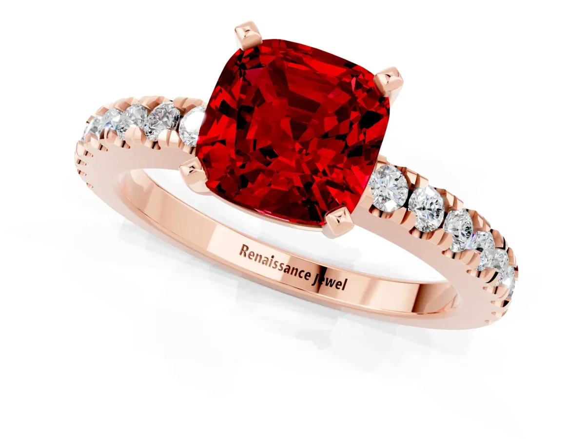 Cushion Cut Solitaire Ruby with Pavé Band and Four-Prong Setting Rose gold