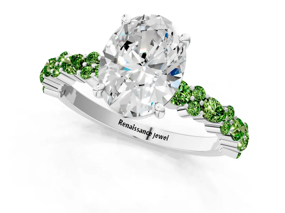 Oval Cut Diamond Side Stone Solitaire Ring with Round Peridot and Four-Prong Setting Silver