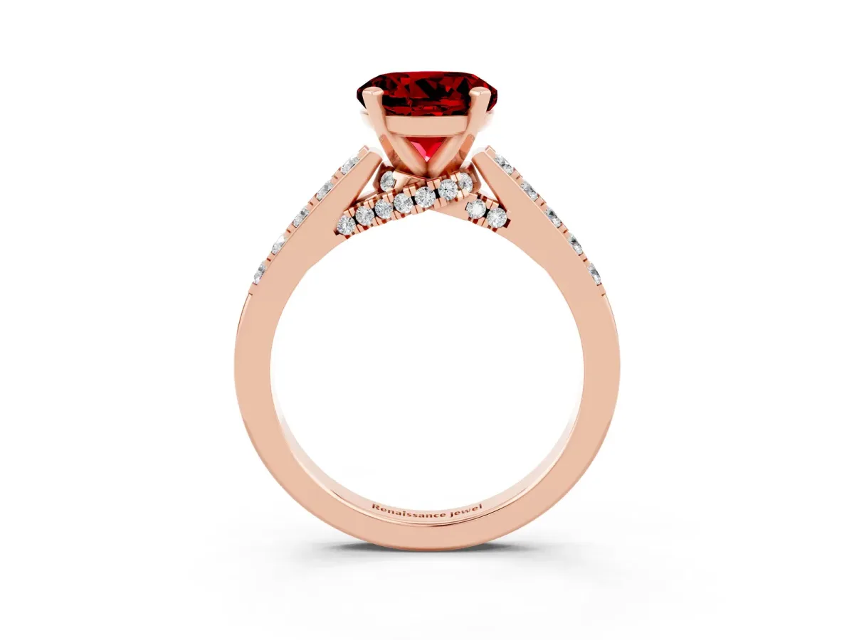 Round Cut Ruby Solitaire Ring with Crossover Gallery and Round Pavé Band Rose gold