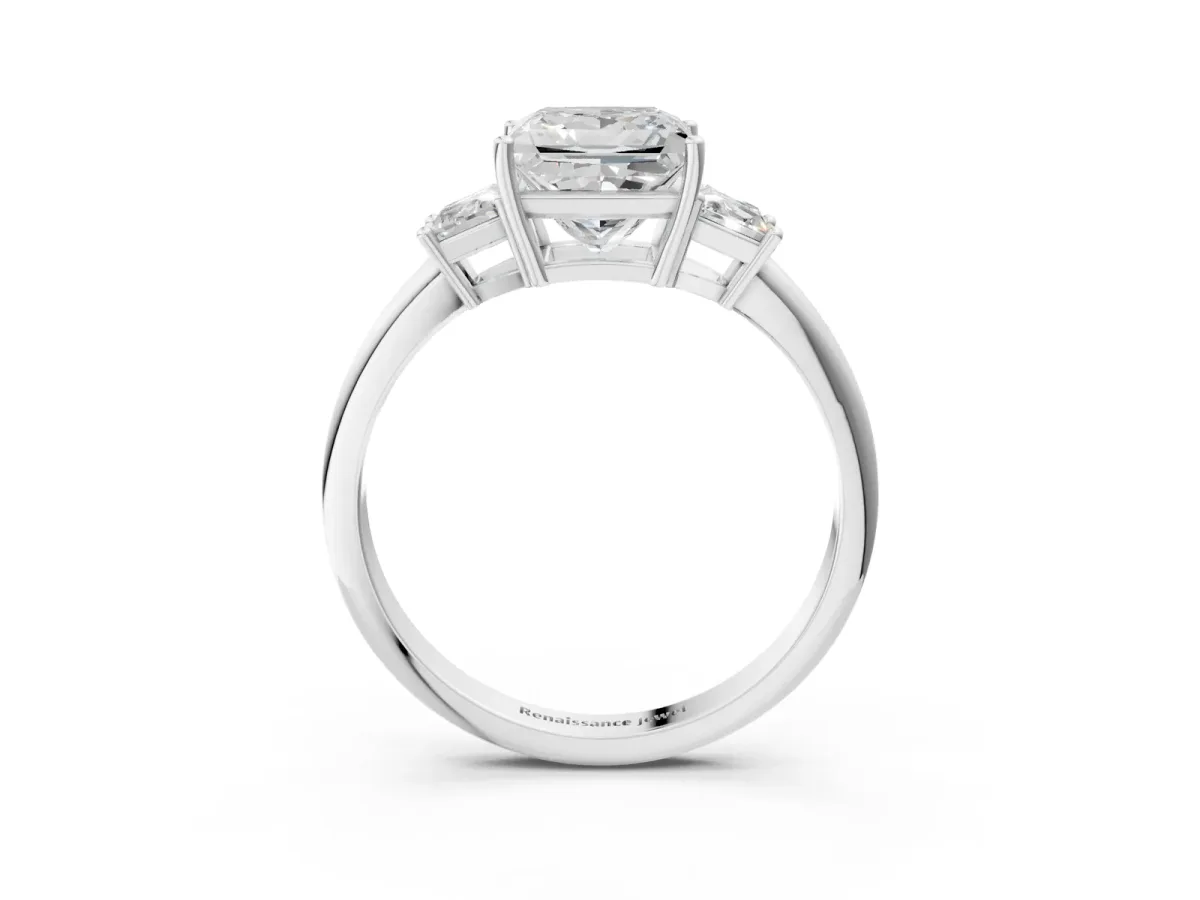 Princess Cut Diamond Three-Stone Ring with Trapezoid Side Stones and Prong Setting Platinum