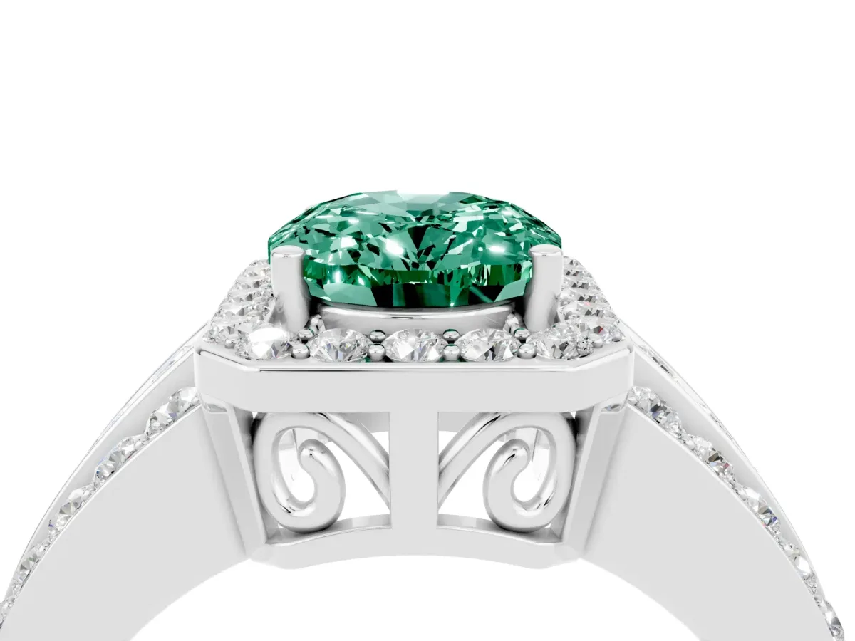 Oval Cut Halo Green Sapphire Ring with Round Split Shank and Prong Setting Silver