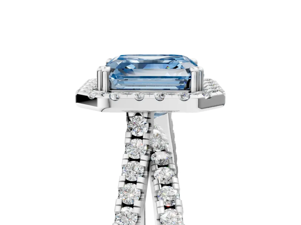 Fancy Blue Asscher Cut Halo Split Shank Diamond Ring with Pavé Setting Platinum