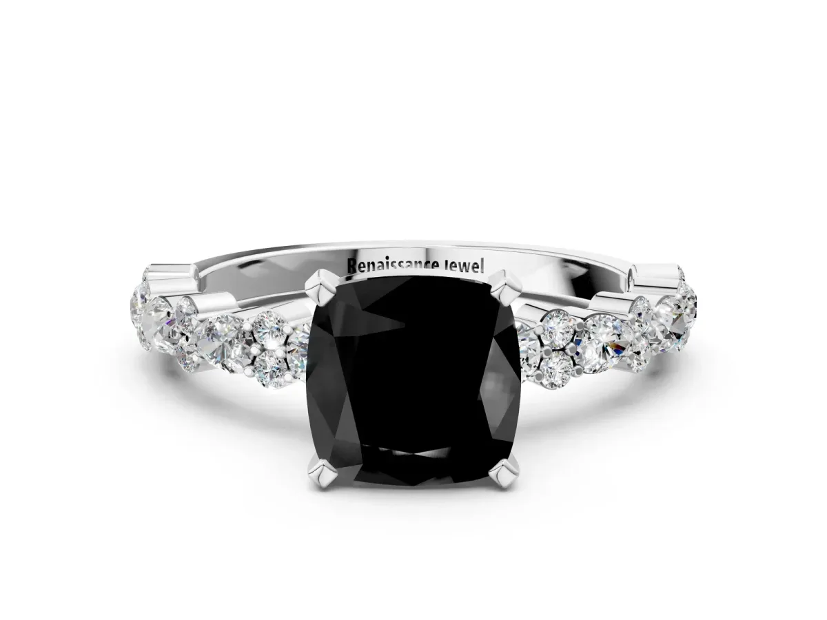 Fancy Black Cushion Cut Diamond Side Stone Solitaire Ring with Round and Four-Prong Setting Platinum