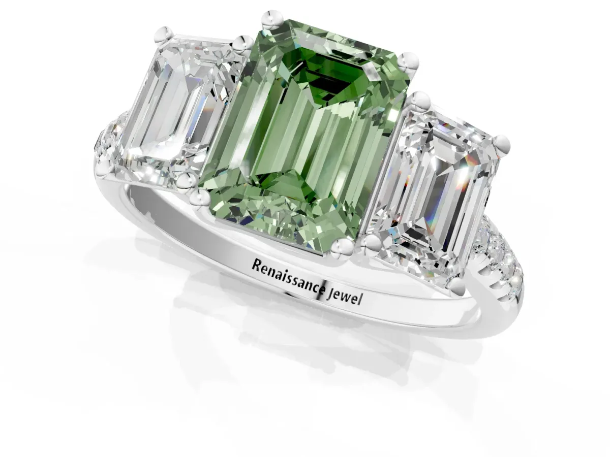 Fancy Green Three-Stone Emerald Cut Diamond Ring with Round Pavé Band and Prong Setting Platinum