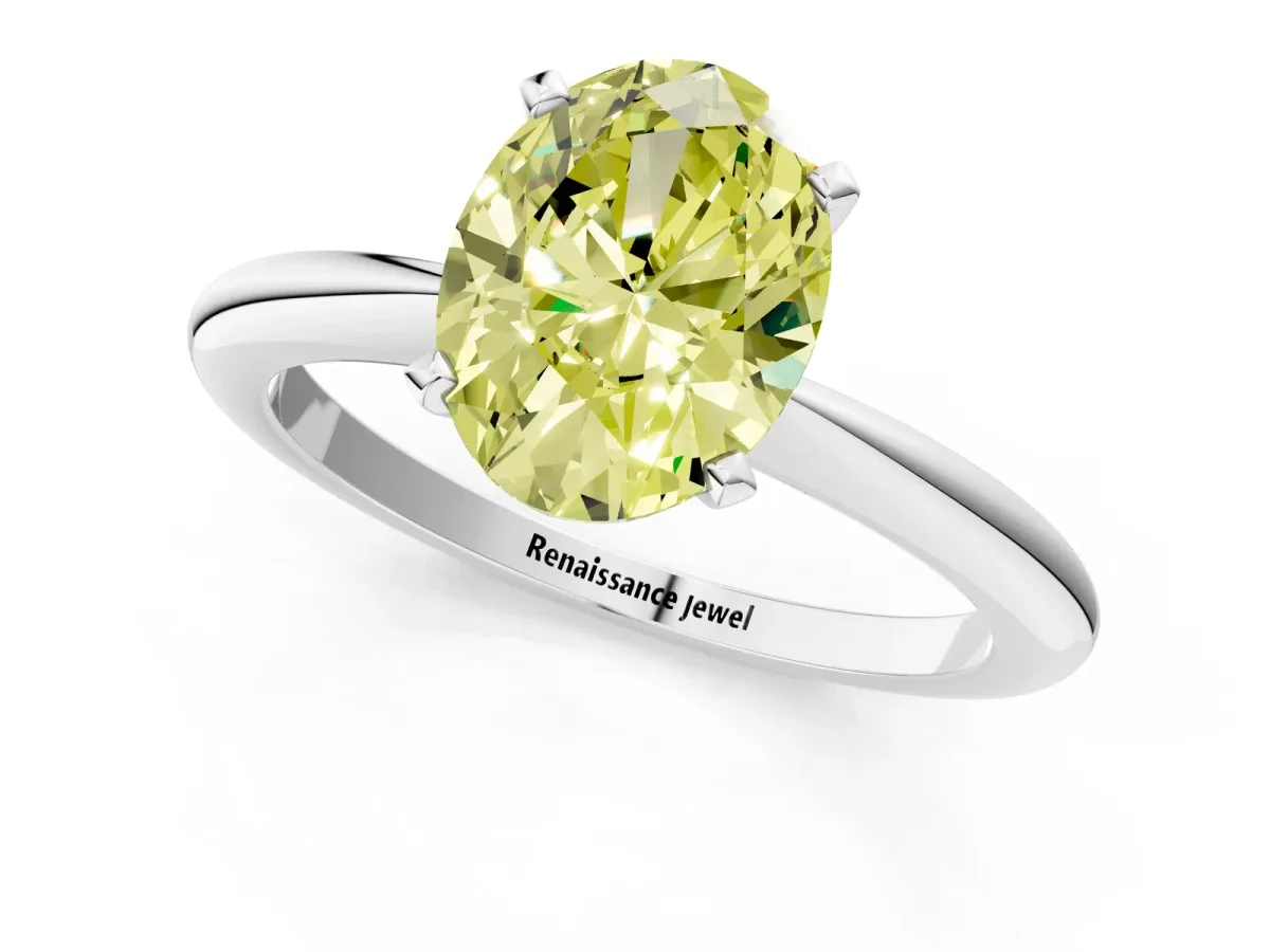 Fancy Yellow Oval Cut Diamond Solitaire Ring with Six-Prong Setting and Classic Band Silver